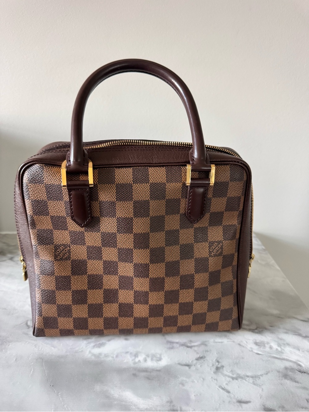 Louis Vuitton Brera MM Damier Ebene Top-Handle Tote with Gold Hardware